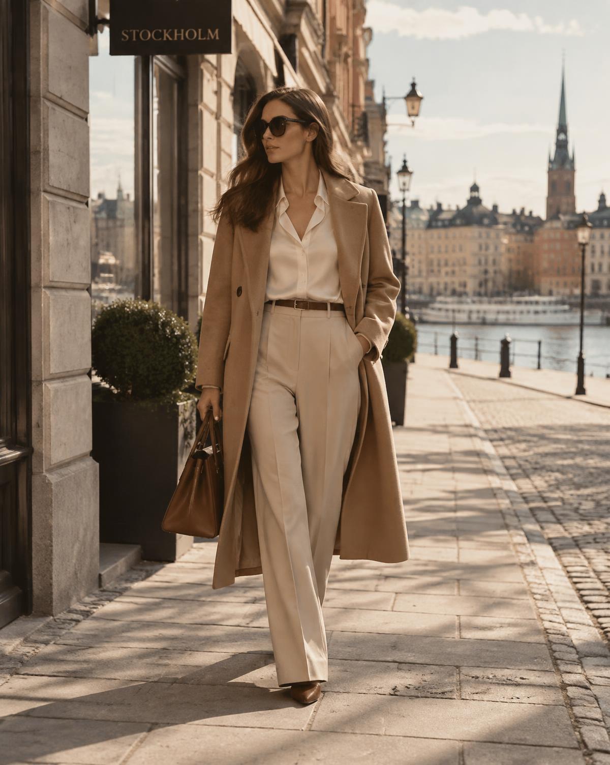 Woman in a camel coat and ivory blouse on a Stockholm street